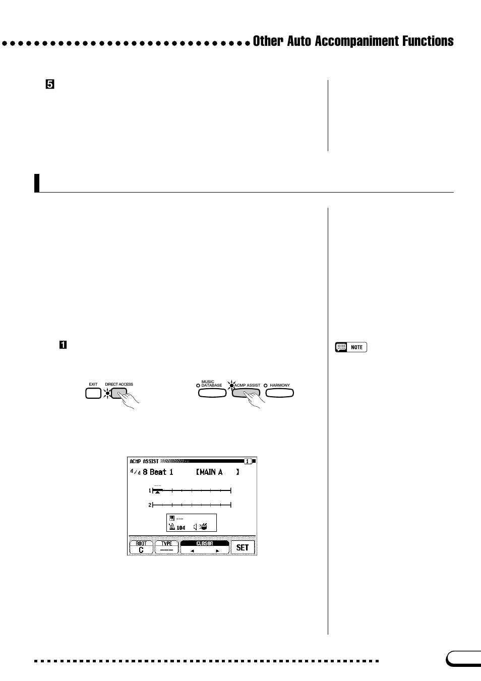 Accompaniment assistance, Other auto accompaniment functions, Setting up the accompaniment assistance | Bturn off the music database | Yamaha CVP-109  EN User Manual | Page 81 / 235
