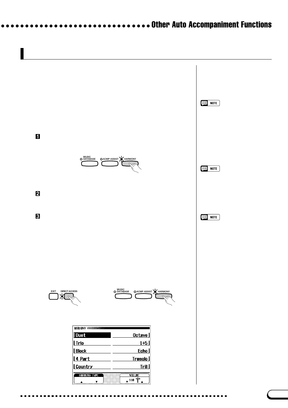 Harmony, Other auto accompaniment functions, Adding harmony | Displaying the harmony settings | Yamaha CVP-109  EN User Manual | Page 87 / 235