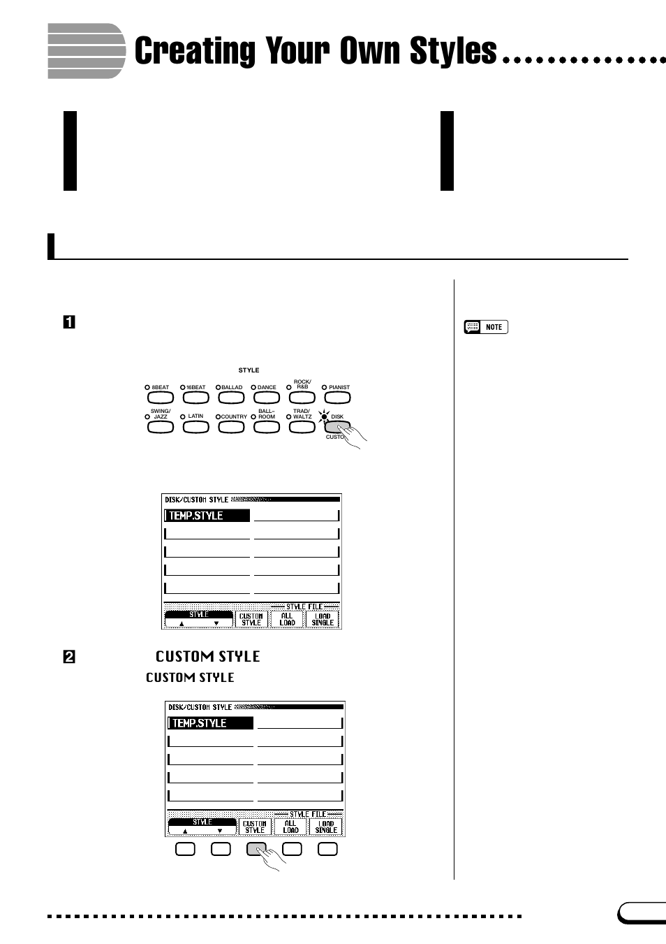 Creating your own styles, Recording a custom style, Zselect the disk/custom style group | Xselect the custom style function | Yamaha CVP-109  EN User Manual | Page 91 / 235