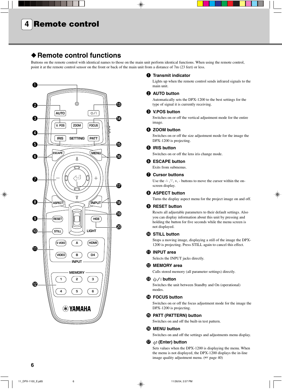 Remote control, Remote control functions, 4 remote control | Yamaha DPX-1200 User Manual | Page 10 / 68