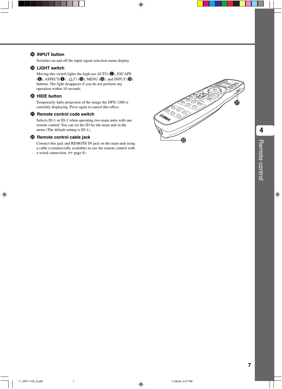 Remote control, I input button, O light switch | P hide button, A remote control code switch, S remote control cable jack | Yamaha DPX-1200 User Manual | Page 11 / 68