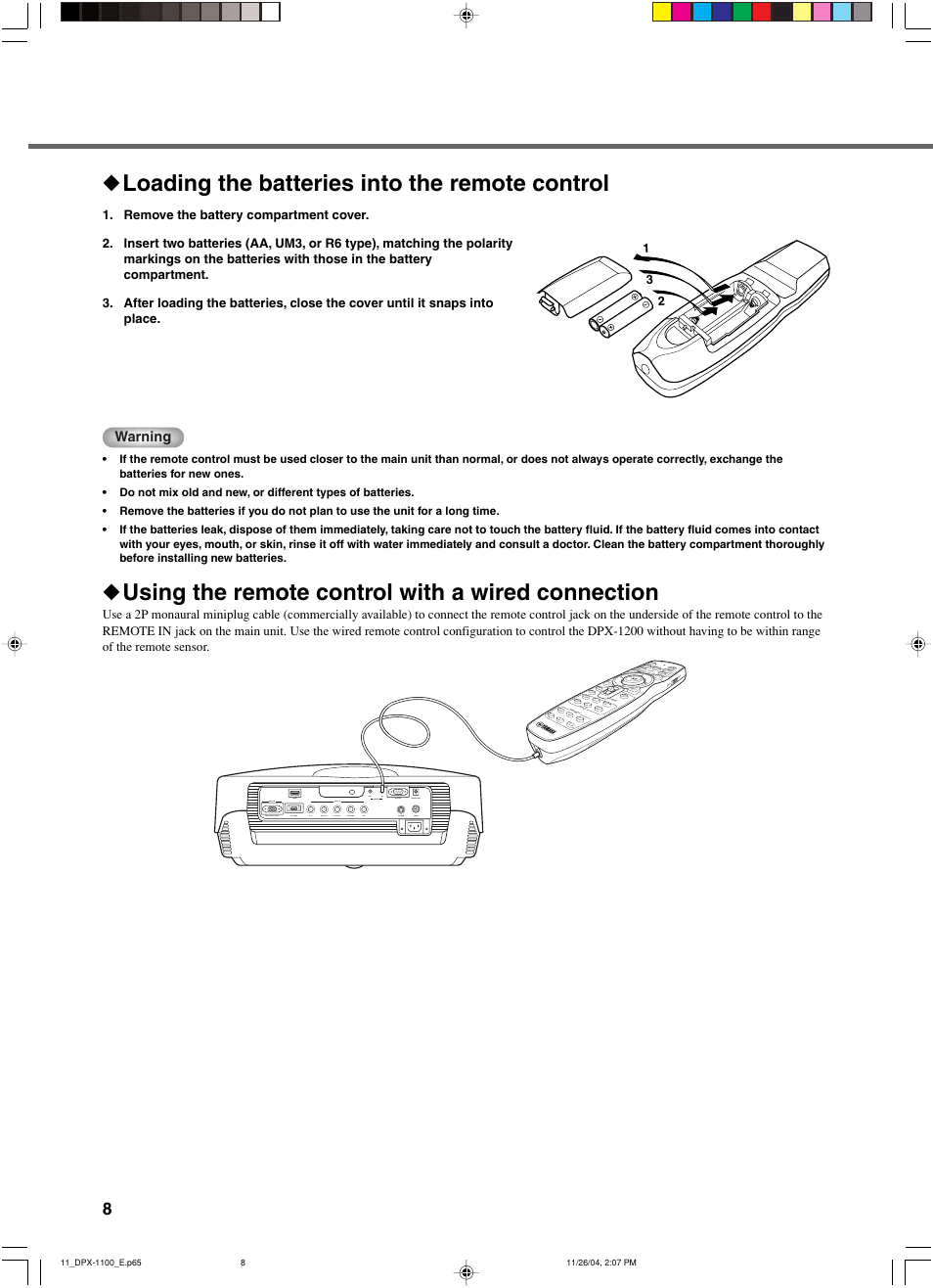 Loading the batteries into the remote control, Using the remote control with a wired connection | Yamaha DPX-1200 User Manual | Page 12 / 68