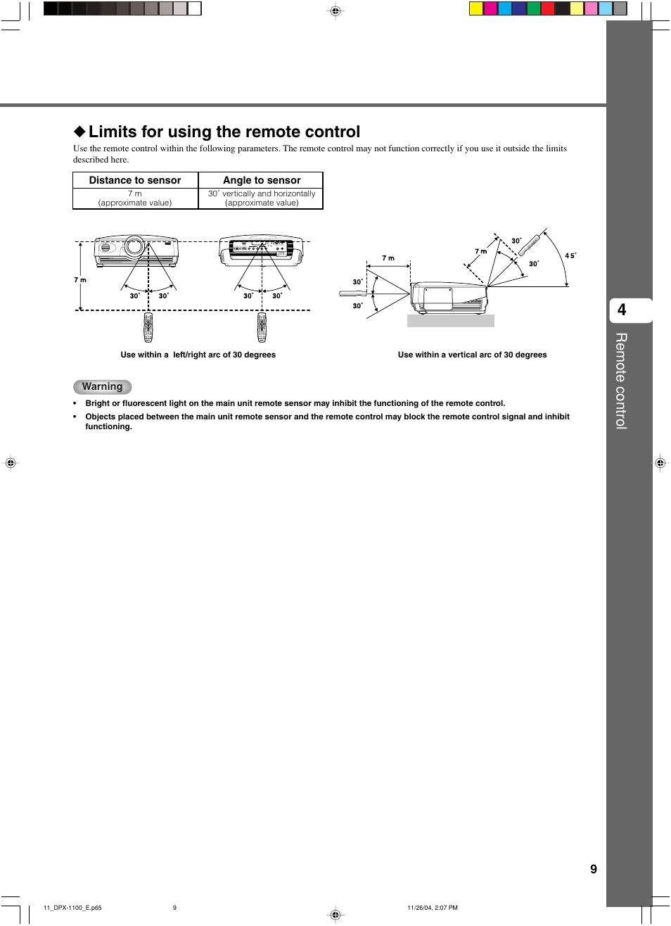 Limits for using the remote control, Remote control | Yamaha DPX-1200 User Manual | Page 13 / 68
