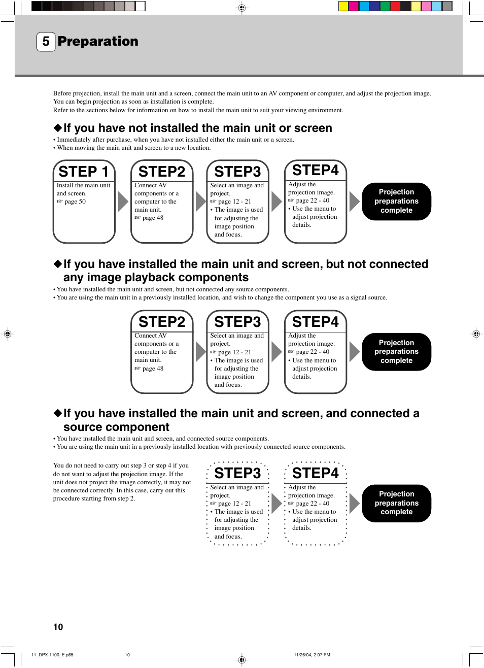 Preparation, If you have not installed the main unit or screen, Step3 | Step4, Step2, Step 1, 5 preparation | Yamaha DPX-1200 User Manual | Page 14 / 68