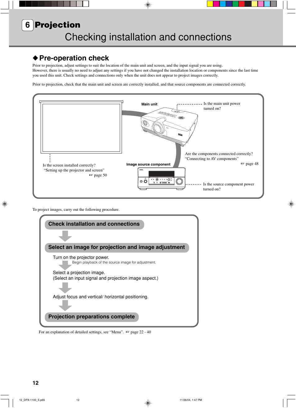 Projection, Checking installation and connections, Pre-operation check | 6 projection | Yamaha DPX-1200 User Manual | Page 16 / 68