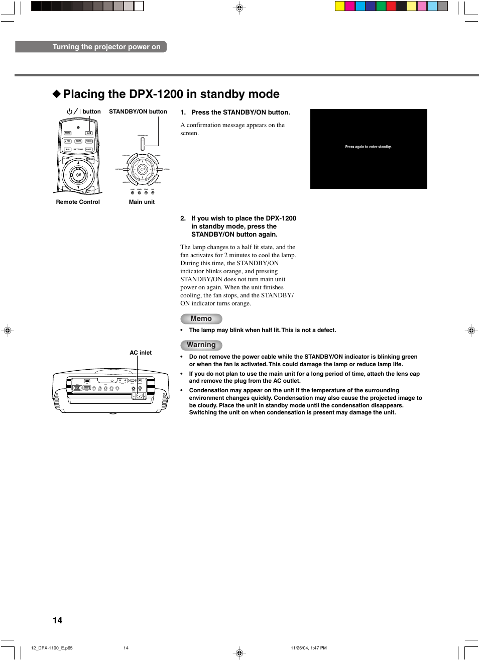 Placing the dpx-1200 in standby mode, Warning, Turning the projector power on | Yamaha DPX-1200 User Manual | Page 18 / 68