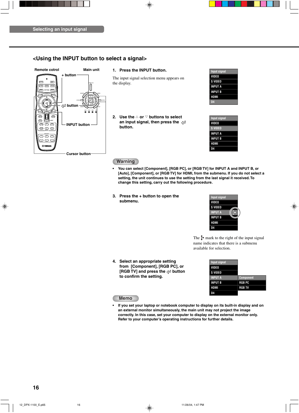 16 <using the input button to select a signal, Selecting an input signal, Warning | Yamaha DPX-1200 User Manual | Page 20 / 68