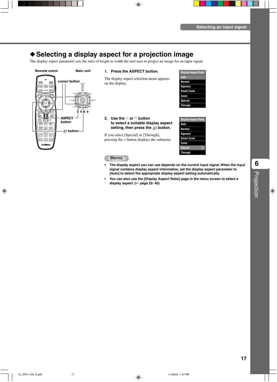 Selecting a display aspect for a projection image, Projection, Selecting an input signal | Yamaha DPX-1200 User Manual | Page 21 / 68