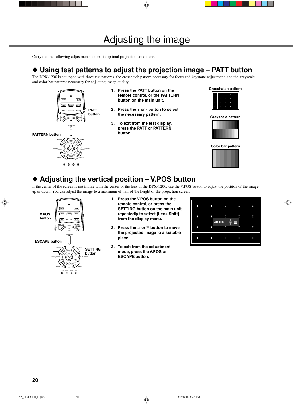 Adjusting the image, Adjusting the vertical position – v.pos button, Select an image for projection | Yamaha DPX-1200 User Manual | Page 24 / 68