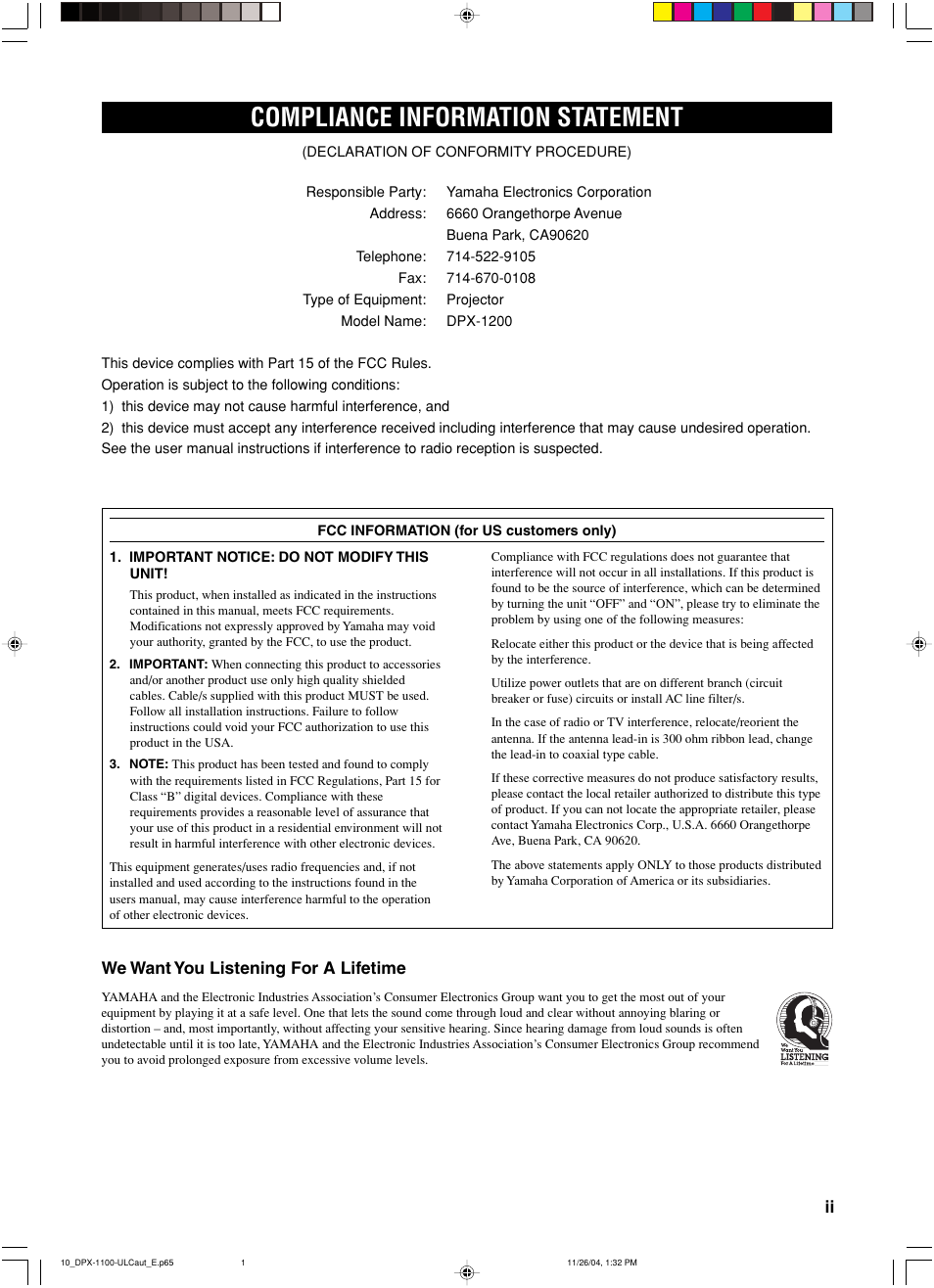 Compliance information statement | Yamaha DPX-1200 User Manual | Page 3 / 68