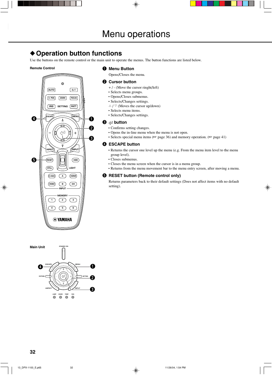 Menu operations, Operation button functions, 1 menu button | 2 cursor button, 3button, 4 escape button, 5 reset button (remote control only) | Yamaha DPX-1200 User Manual | Page 36 / 68