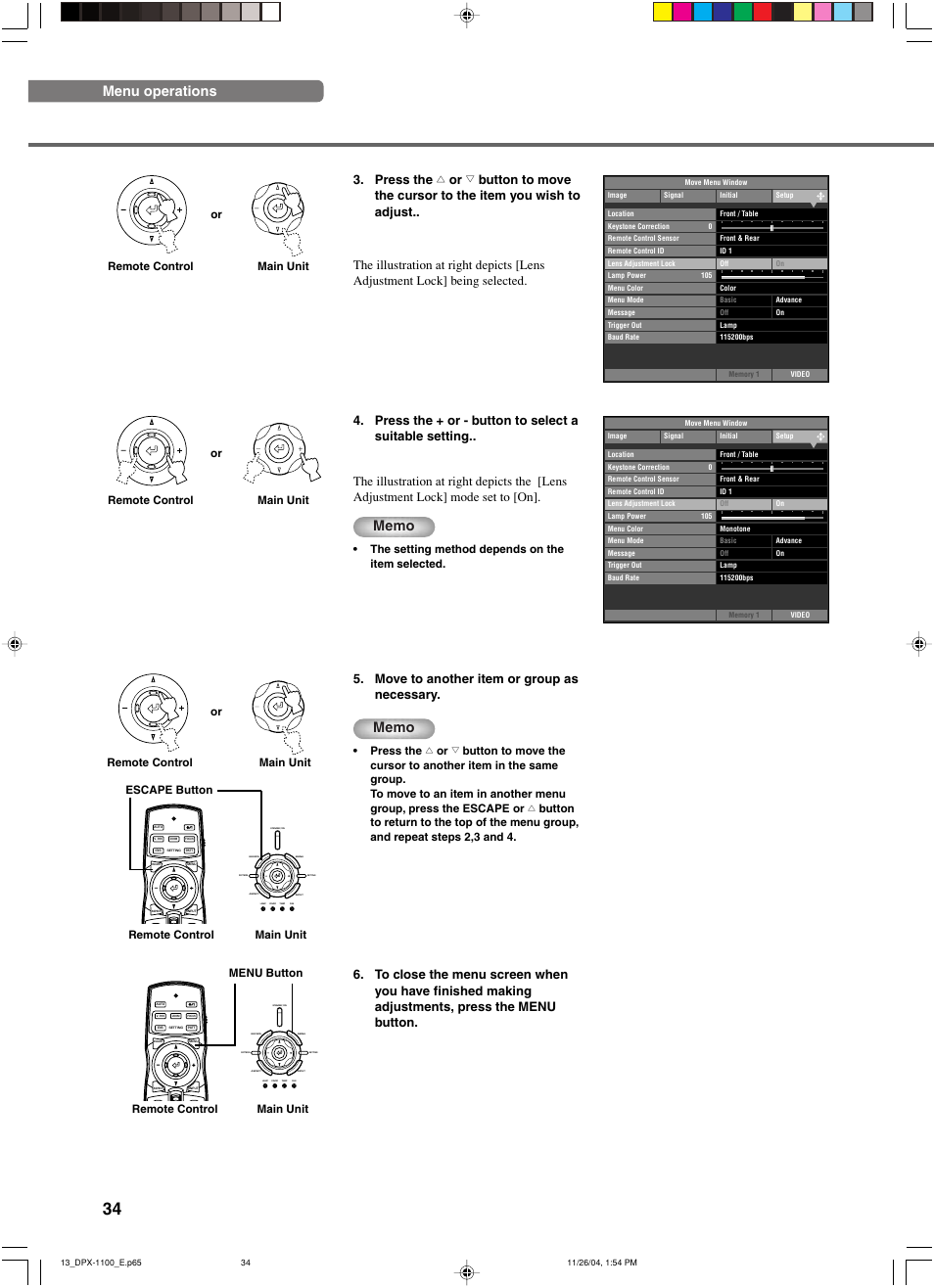 Menu operations, The setting method depends on the item selected, Remote control main unit | Remote control main unit escape button, Menu button | Yamaha DPX-1200 User Manual | Page 38 / 68