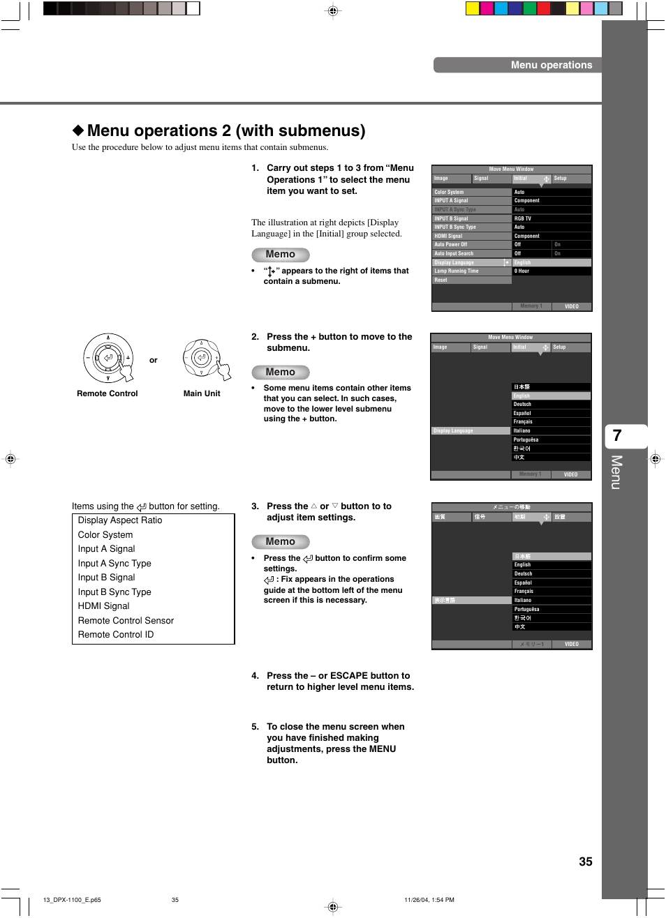 Menu operations 2 (with submenus), Menu, Menu operations | Yamaha DPX-1200 User Manual | Page 39 / 68