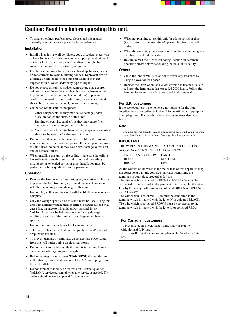 Caution: read this before operating this unit | Yamaha DPX-1200 User Manual | Page 4 / 68