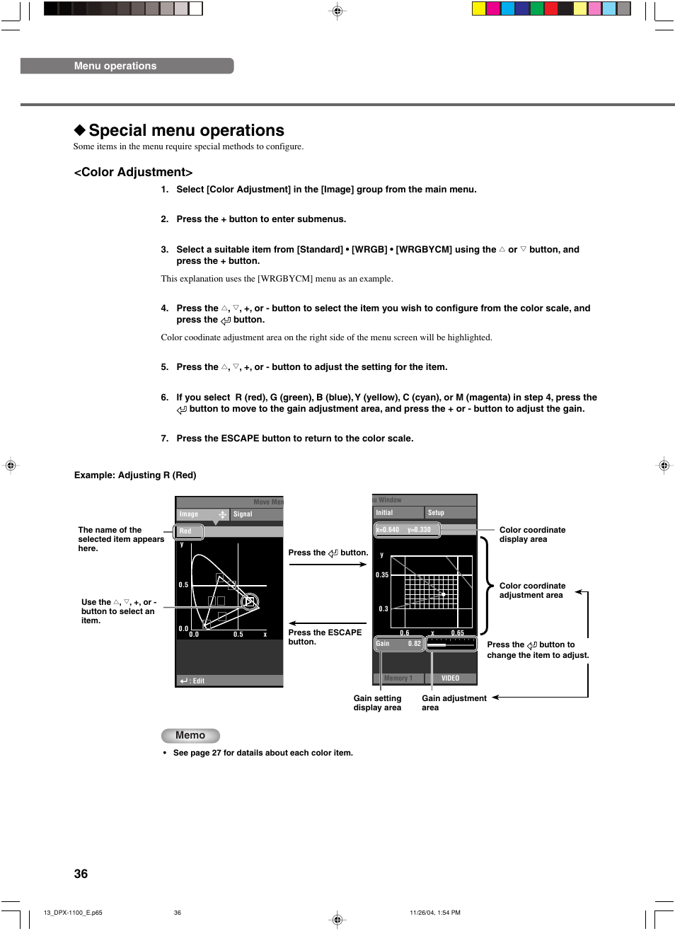 Special menu operations, 36 <color adjustment | Yamaha DPX-1200 User Manual | Page 40 / 68