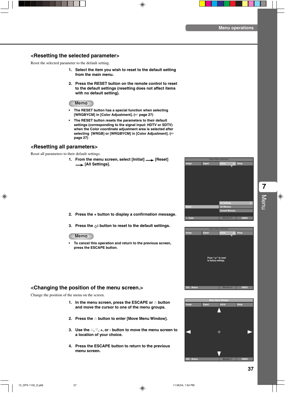 Menu, Resetting the selected parameter, Resetting all parameters | Changing the position of the menu screen | Yamaha DPX-1200 User Manual | Page 41 / 68