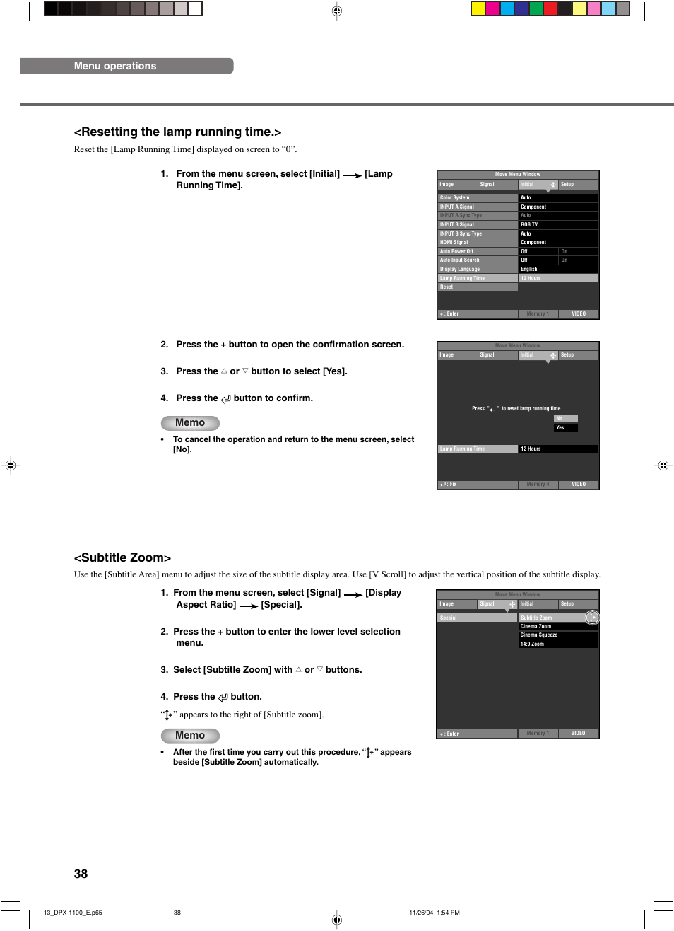 38 <resetting the lamp running time, Subtitle zoom, Menu operations | Yamaha DPX-1200 User Manual | Page 42 / 68