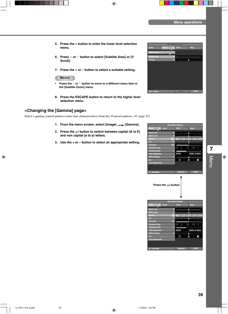 Menu, Changing the [gamma] page, Menu operations | Yamaha DPX-1200 User Manual | Page 43 / 68