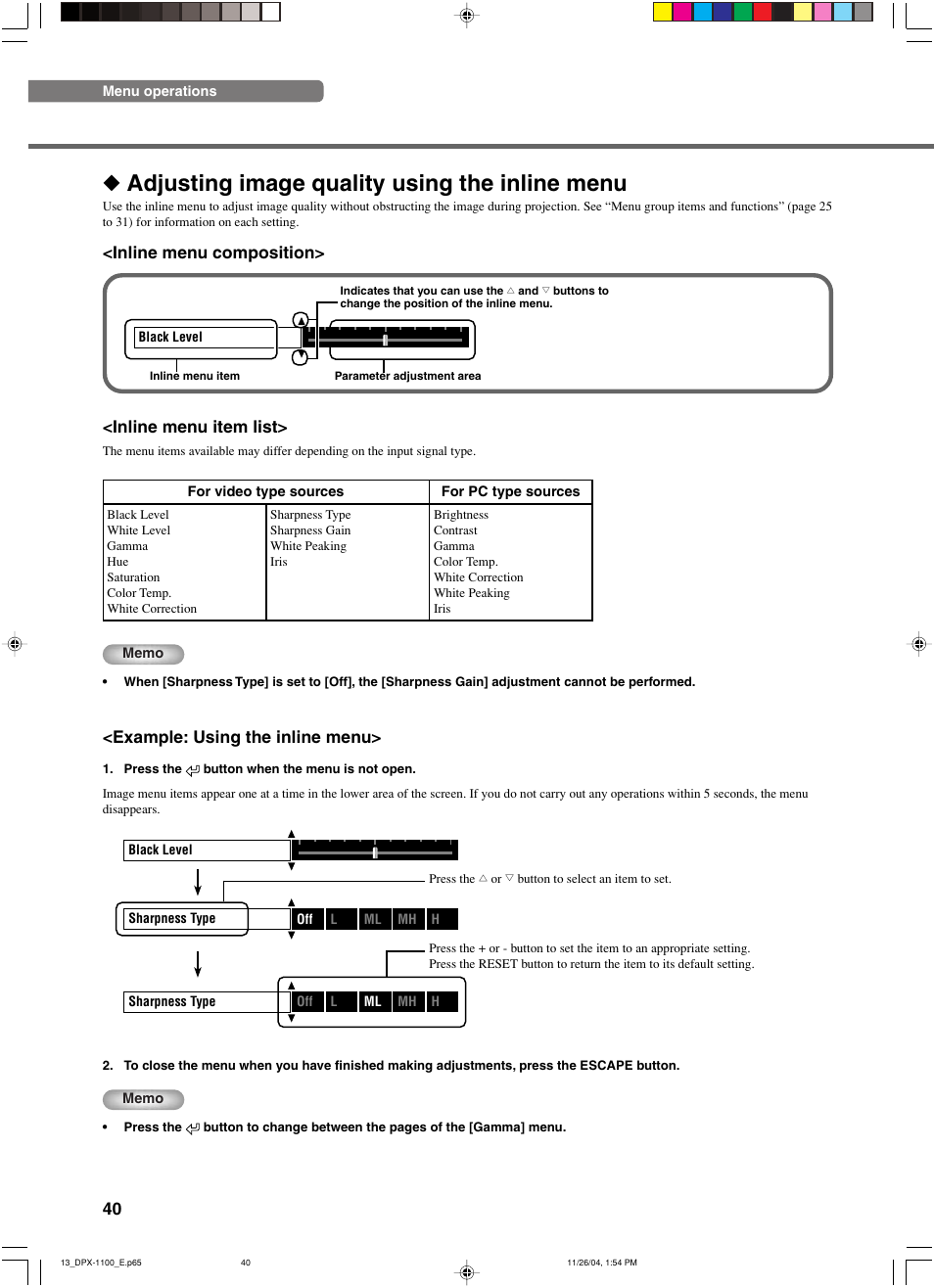 Adjusting image quality using the inline menu, Inline menu composition, Example: using the inline menu | Inline menu item list | Yamaha DPX-1200 User Manual | Page 44 / 68