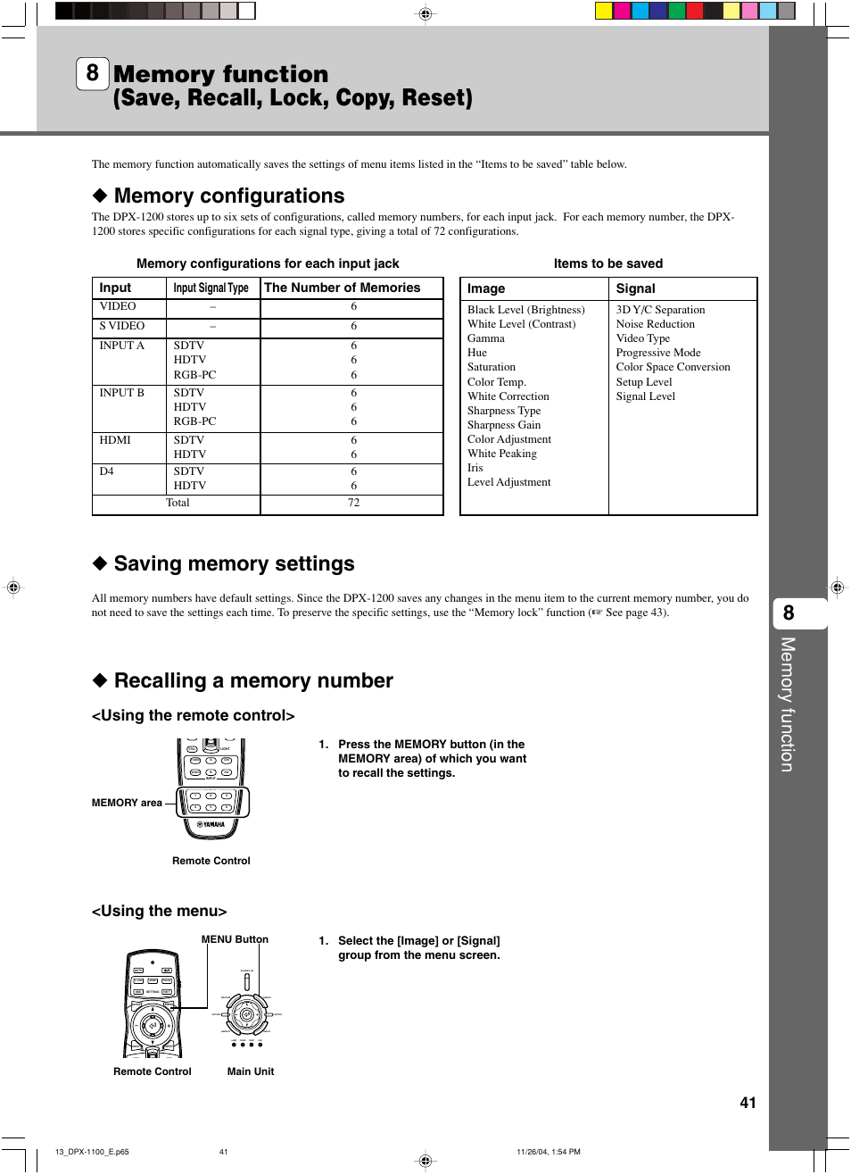 Memory function (save, recall, lock, copy, reset), Memory configurations, Saving memory settings | Recalling a memory number, Using the remote control, Using the menu, Signal, Input signal type input, Video s video input a input b hdmi d4 total | Yamaha DPX-1200 User Manual | Page 45 / 68