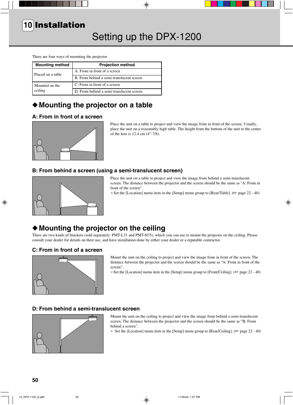 Installation, Setting up the dpx-1200, Mounting the projector on a table | Mounting the projector on the ceiling, 10 installation | Yamaha DPX-1200 User Manual | Page 54 / 68