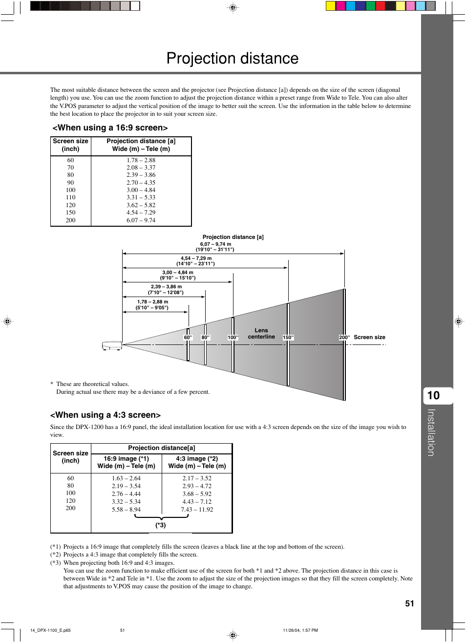 Projection distance, Installation, When using a 4:3 screen | When using a 16:9 screen | Yamaha DPX-1200 User Manual | Page 55 / 68