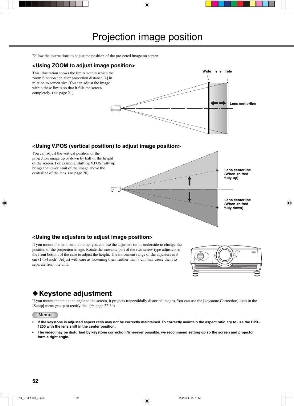 Projection image position, Keystone adjustment, Using zoom to adjust image position | Using the adjusters to adjust image position | Yamaha DPX-1200 User Manual | Page 56 / 68