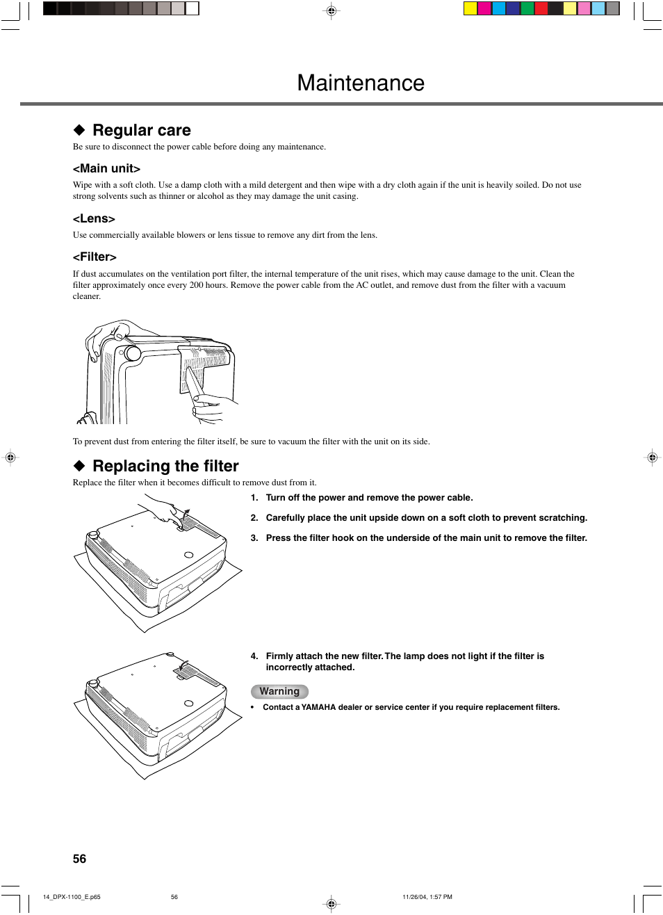 Maintenance, Regular care, Replacing the filter | Yamaha DPX-1200 User Manual | Page 60 / 68