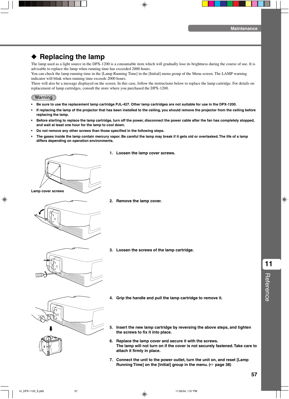 Replacing the lamp, 11 ◆ replacing the lamp, Reference | Yamaha DPX-1200 User Manual | Page 61 / 68