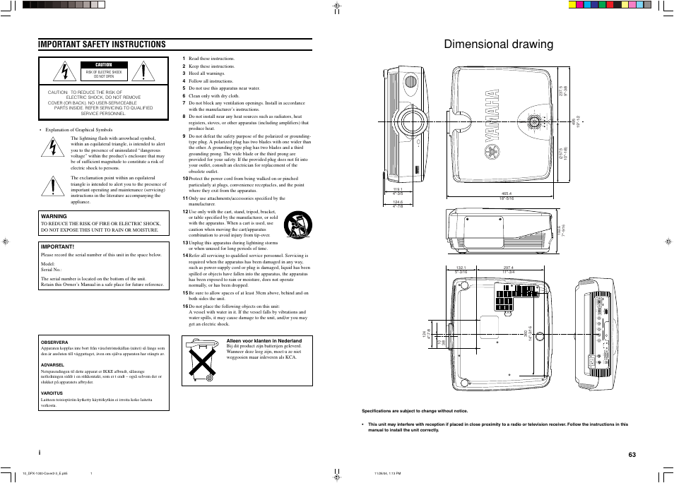 Dimensional drawing, Important safety instructions | Yamaha DPX-1200 User Manual | Page 67 / 68