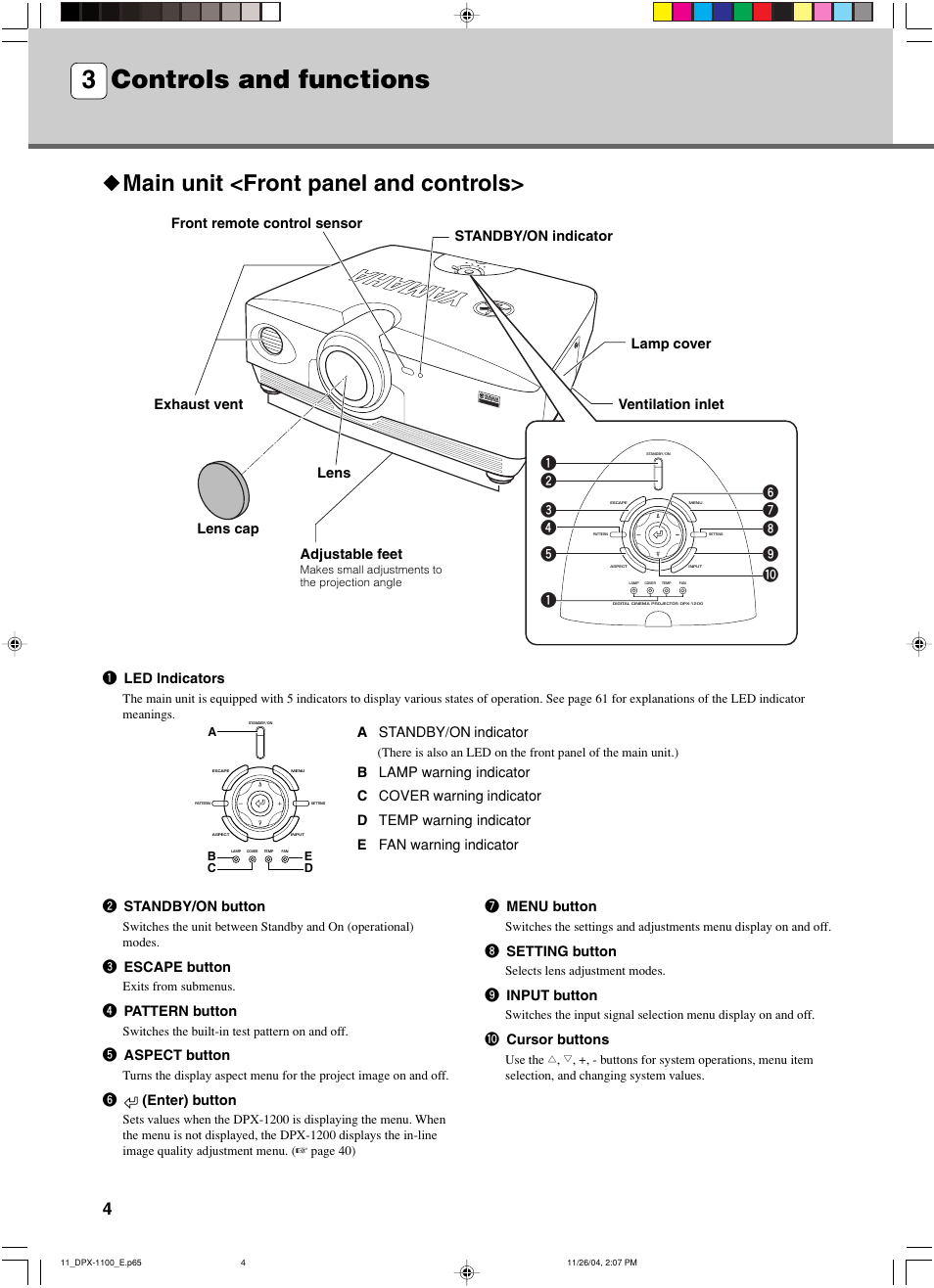 Controls and functions, Main unit <front panel and controls, 3 controls and functions | Yamaha DPX-1200 User Manual | Page 8 / 68