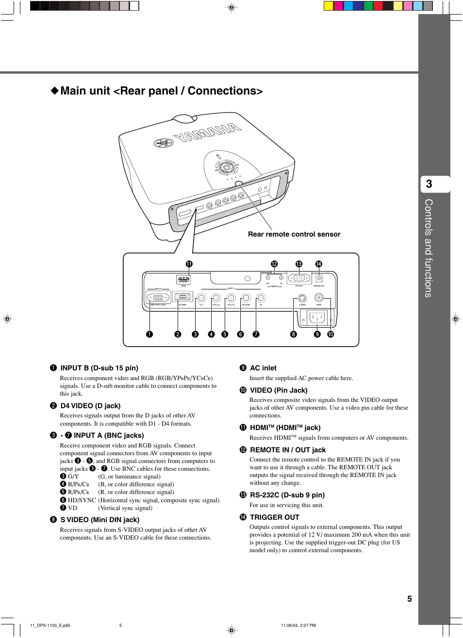 Main unit <rear panel / connections, Controls and functions, 1 input b (d-sub 15 pin) | 2 d4 video (d jack), 3 - 7 input a (bnc jacks), 8 s video (mini din jack), 9 ac inlet, 0 video (pin jack), Q hdmi, Hdmi | Yamaha DPX-1200 User Manual | Page 9 / 68