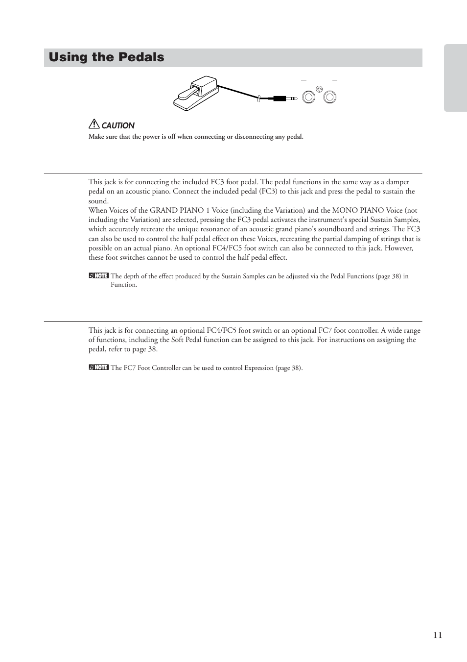 Using the pedals, Sustain pedal (sustain pedal jack), Aux pedal (aux pedal jack) | Yamaha CP 33 User Manual | Page 11 / 64