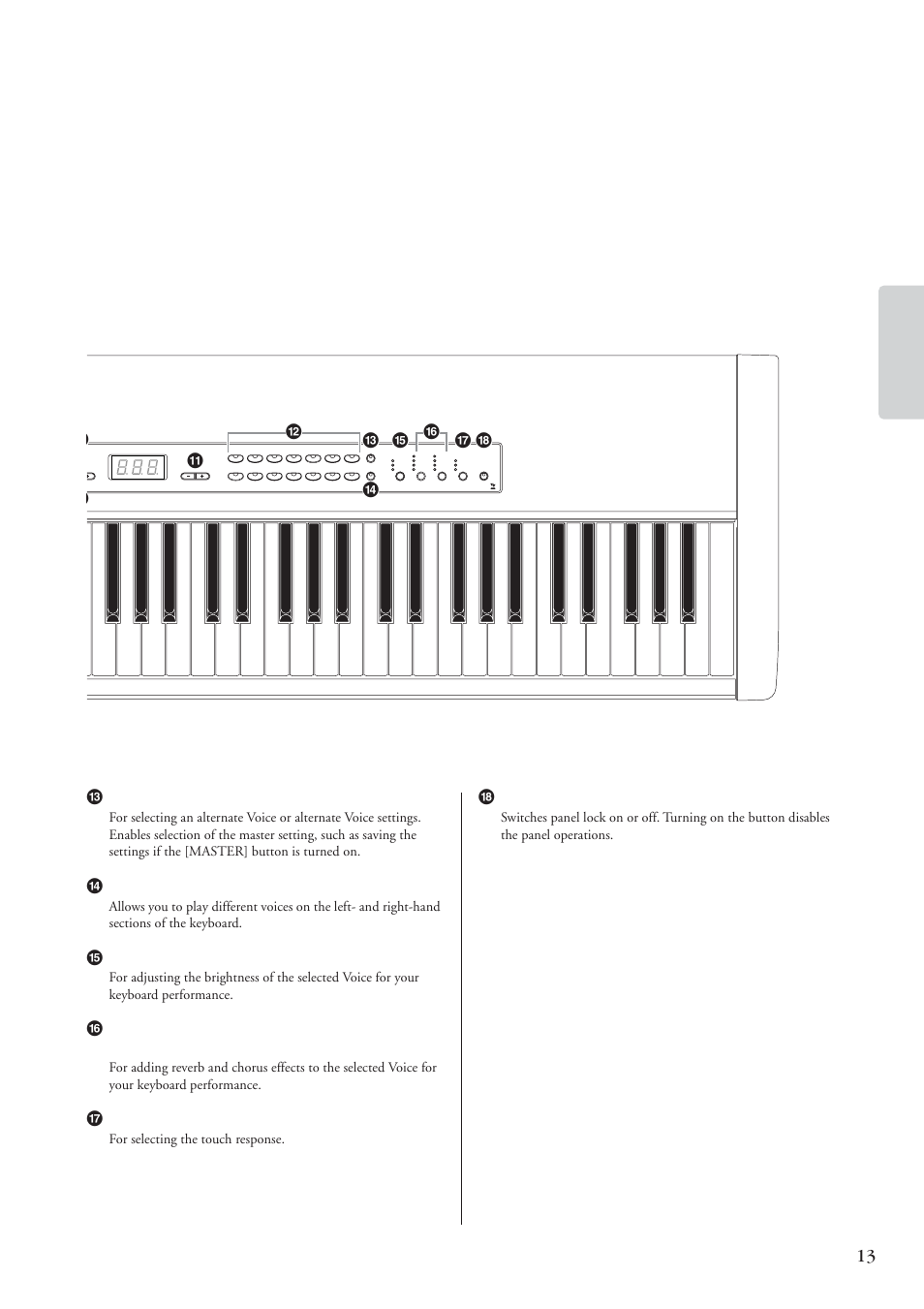 Split] button (page 21), Brilliance] button (page 17), Touch] button (page 18) | Panel lock] button (page 24), For selecting the touch response, Control names and functions cp33 owner’s manual | Yamaha CP 33 User Manual | Page 13 / 64