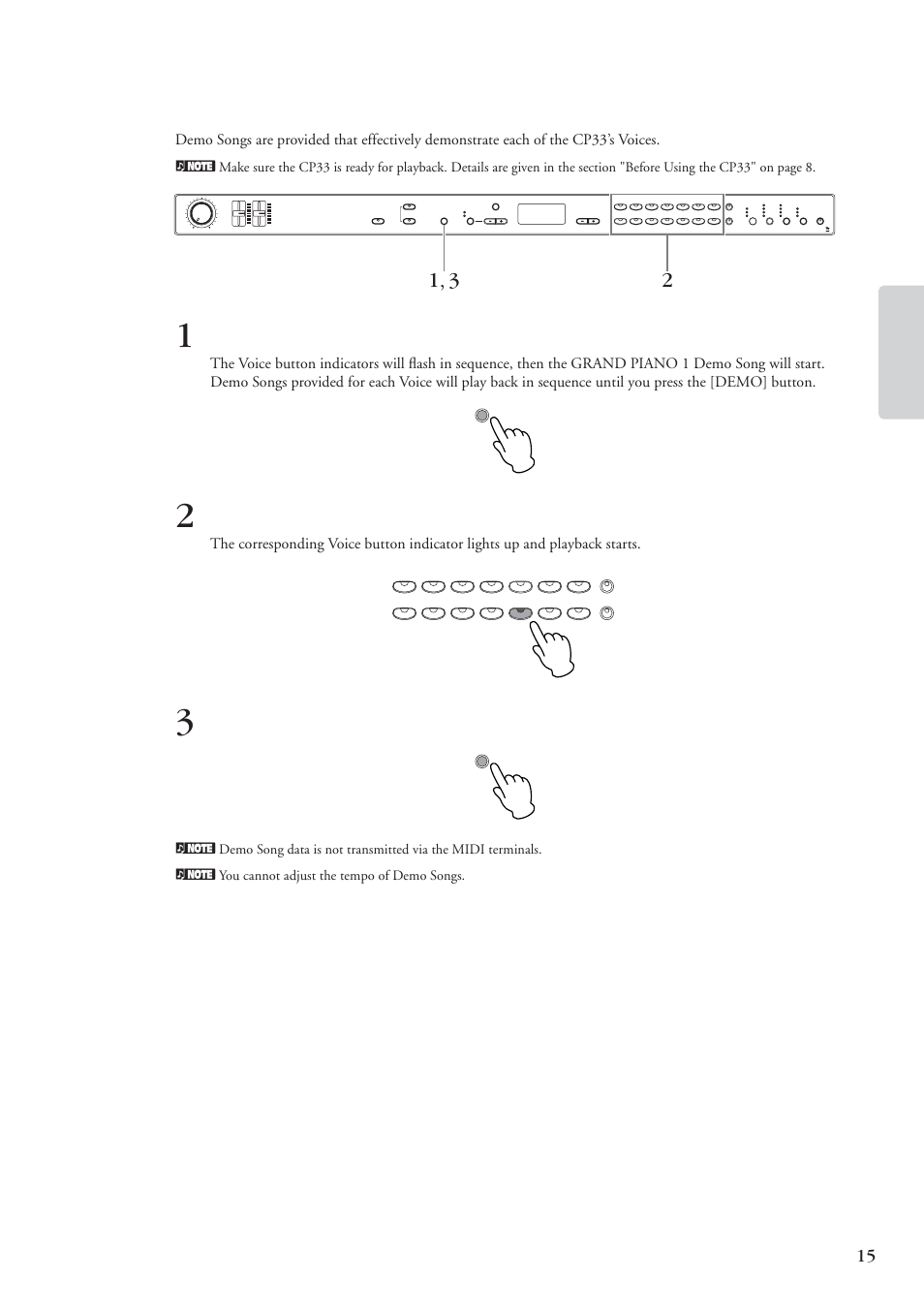 Listening to the demo songs, Ref erence, Press the [demo] button to stop the voice demo | Cp33 owner’s manual | Yamaha CP 33 User Manual | Page 15 / 64