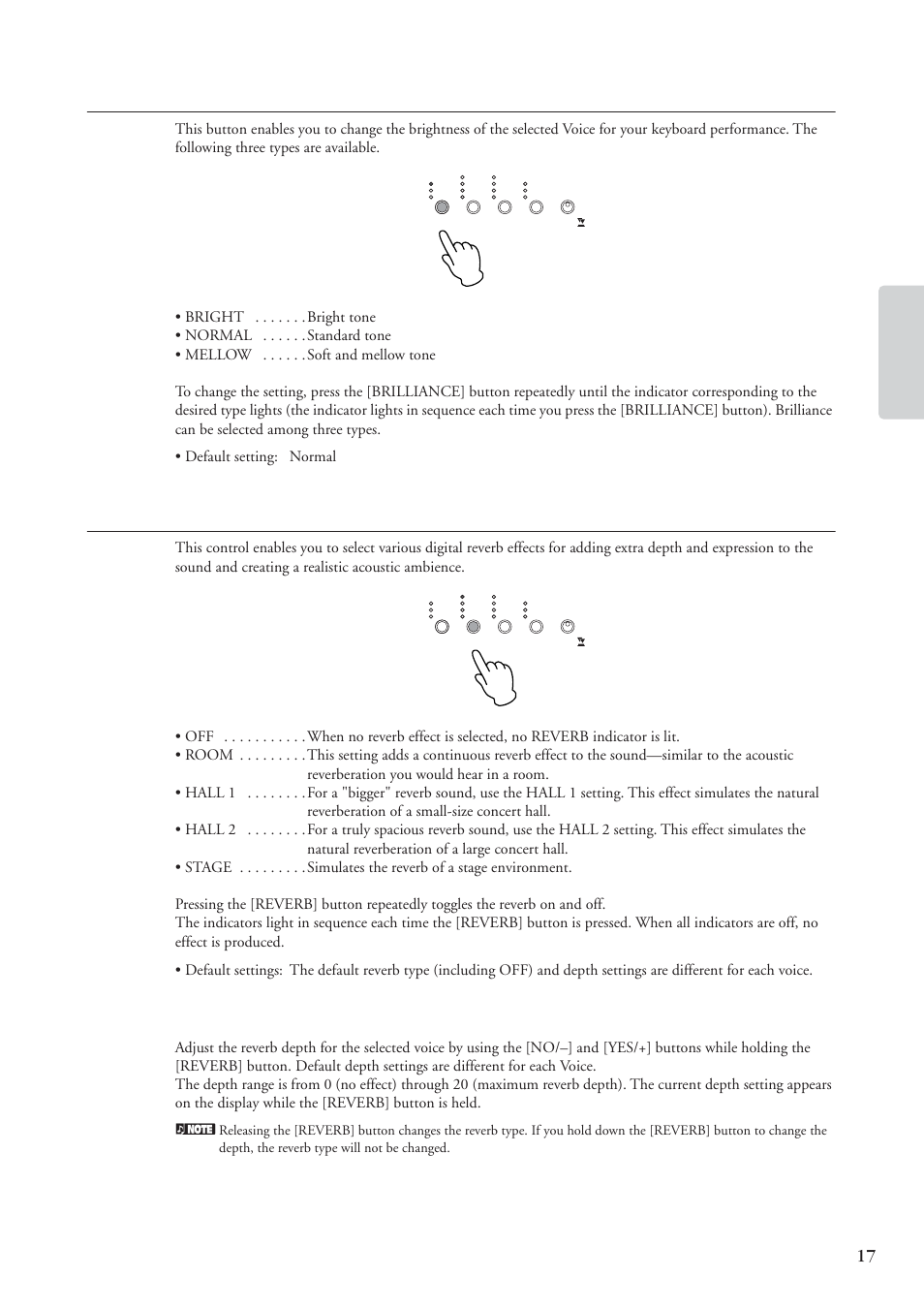 Brilliance, Reverb, Ref erence | Yamaha CP 33 User Manual | Page 17 / 64