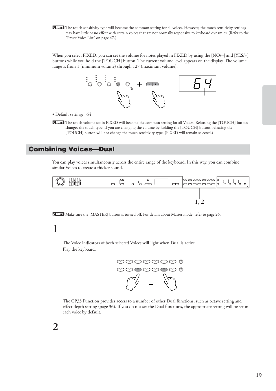 Combining voices-dual, Combining voices—dual, Ref erence | Playing voices cp33 owner’s manual, Volume range | Yamaha CP 33 User Manual | Page 19 / 64