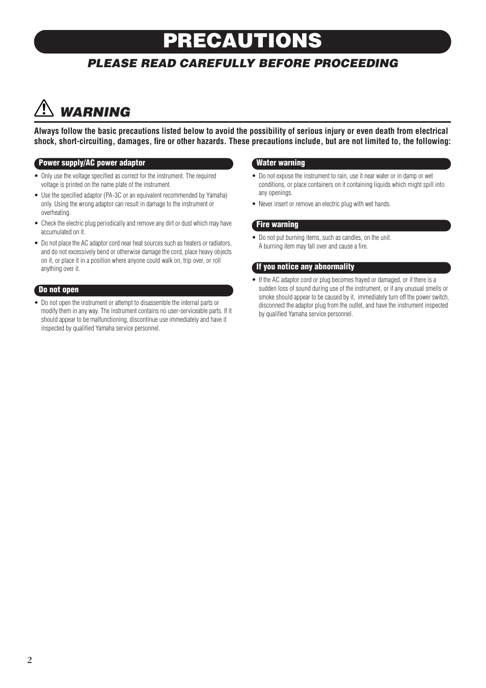 Precautions, Warning, Please read carefully before proceeding | Yamaha CP 33 User Manual | Page 2 / 64