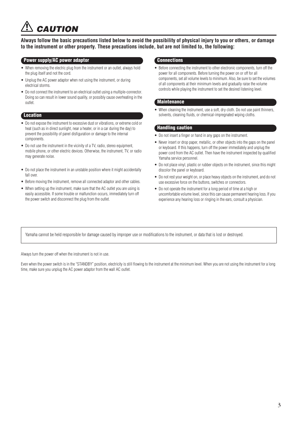 Caution | Yamaha CP 33 User Manual | Page 3 / 64