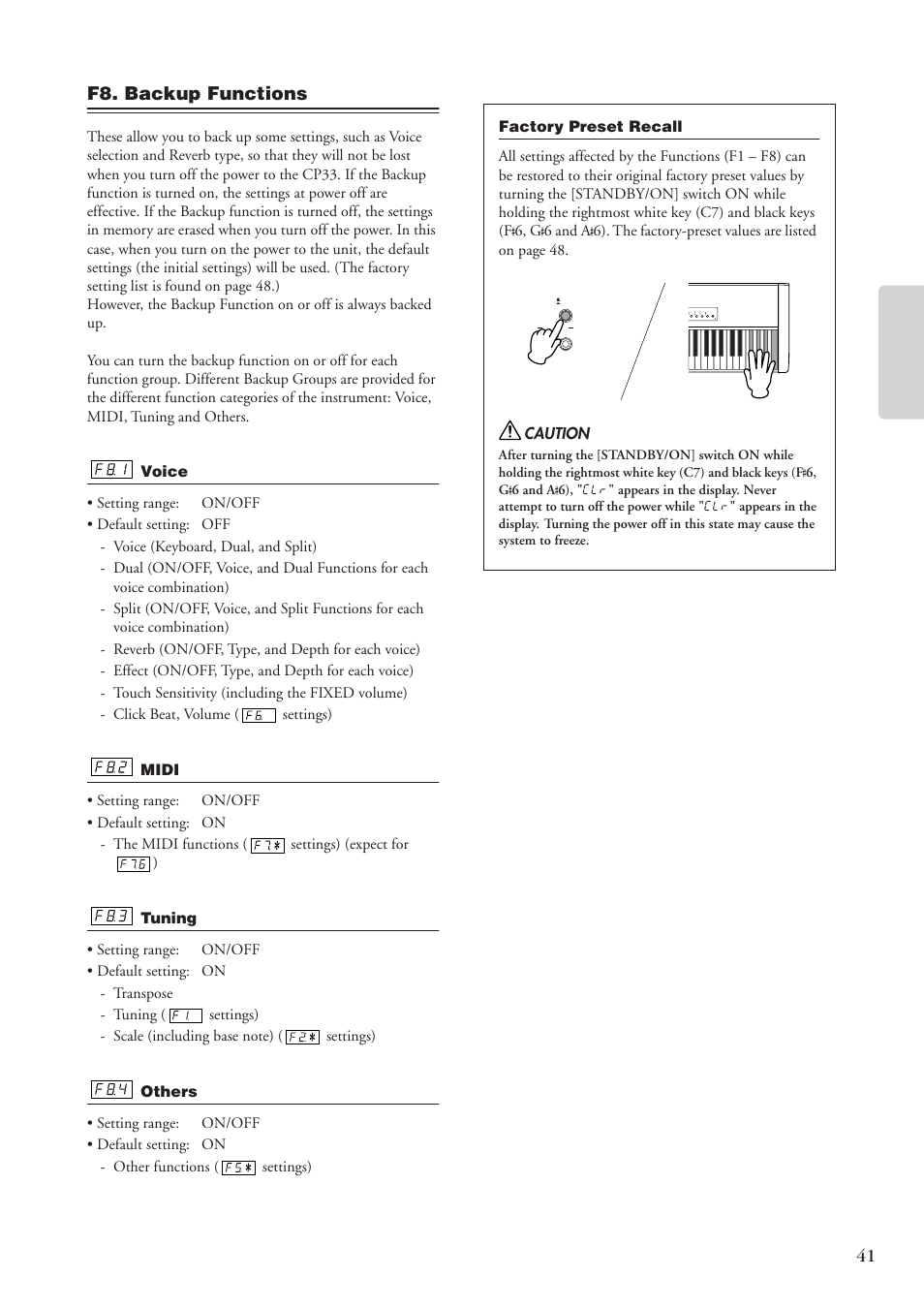 F8. backup functions | Yamaha CP 33 User Manual | Page 41 / 64