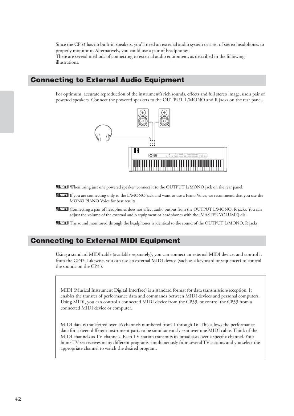 Connecting to a computer and other midi devices, Connecting to external audio equipment, Connecting to external midi equipment | Yamaha CP 33 User Manual | Page 42 / 64