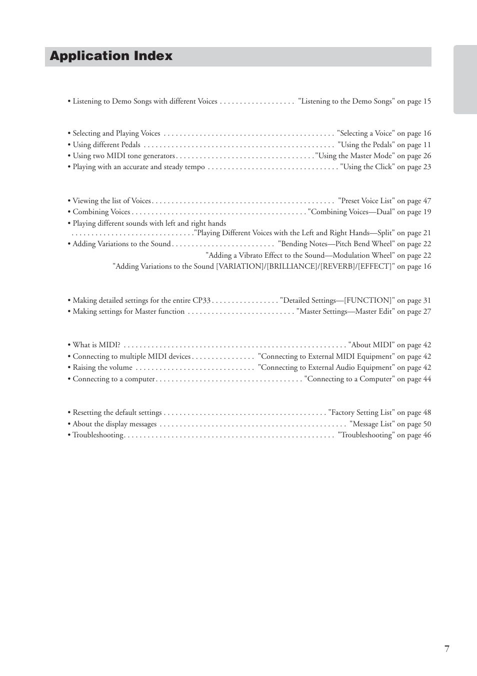 Application index | Yamaha CP 33 User Manual | Page 7 / 64