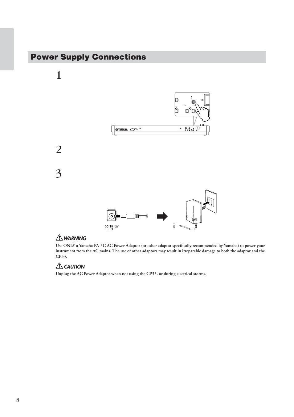 Before using the cp33, Power supply connections | Yamaha CP 33 User Manual | Page 8 / 64