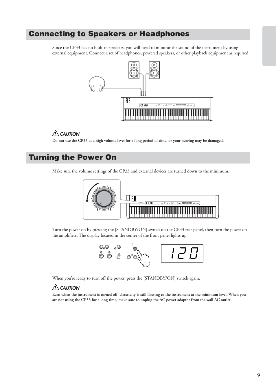 Connecting to speakers or headphones, Turning the power on | Yamaha CP 33 User Manual | Page 9 / 64