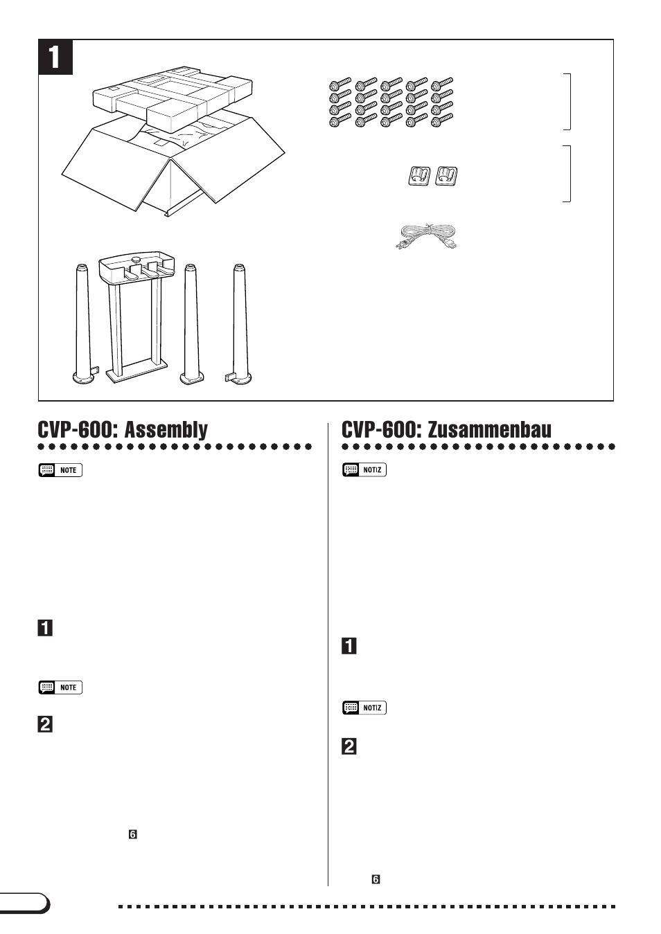 Cvp-600: assembly, Cvp-600: zusammenbau, Attach the three legs (a, b, c) | Die drei standbeine (a, b und c) montieren | Yamaha CVP-200 User Manual | Page 60 / 75