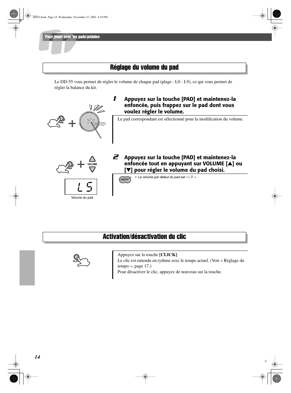 Réglage du volume du pad, Activation/désactivation du clic | Yamaha DRUM PW DD-55C User Manual | Page 14 / 46