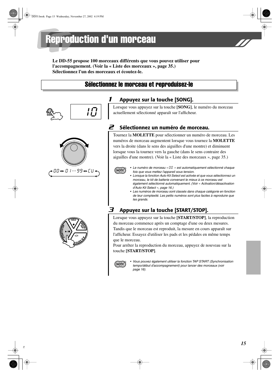 Reproduction d'un morceau, Sélectionnez le morceau et reproduisez-le | Yamaha DRUM PW DD-55C User Manual | Page 15 / 46