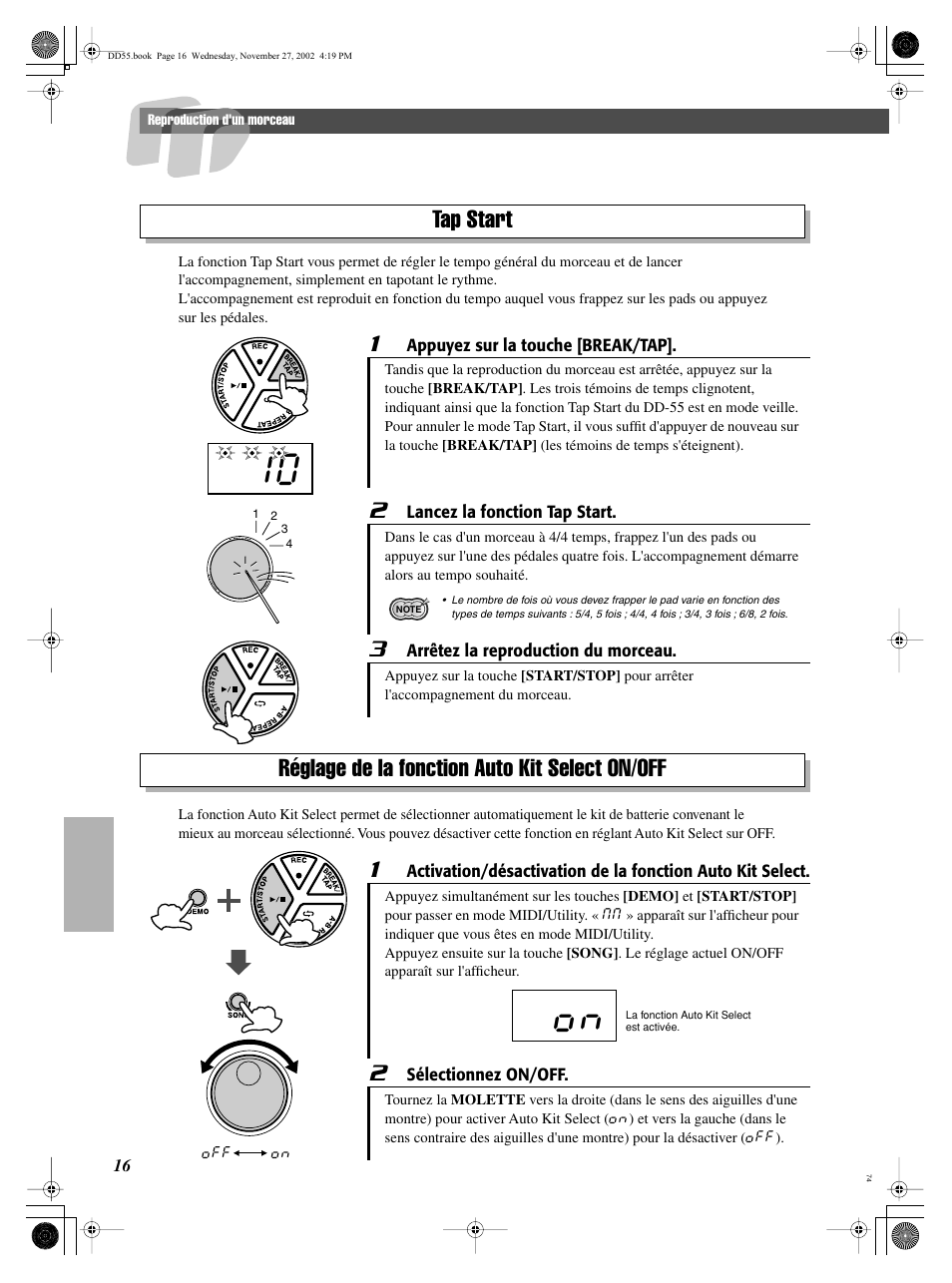 Tap start, Réglage de la fonction auto kit select on/off | Yamaha DRUM PW DD-55C User Manual | Page 16 / 46