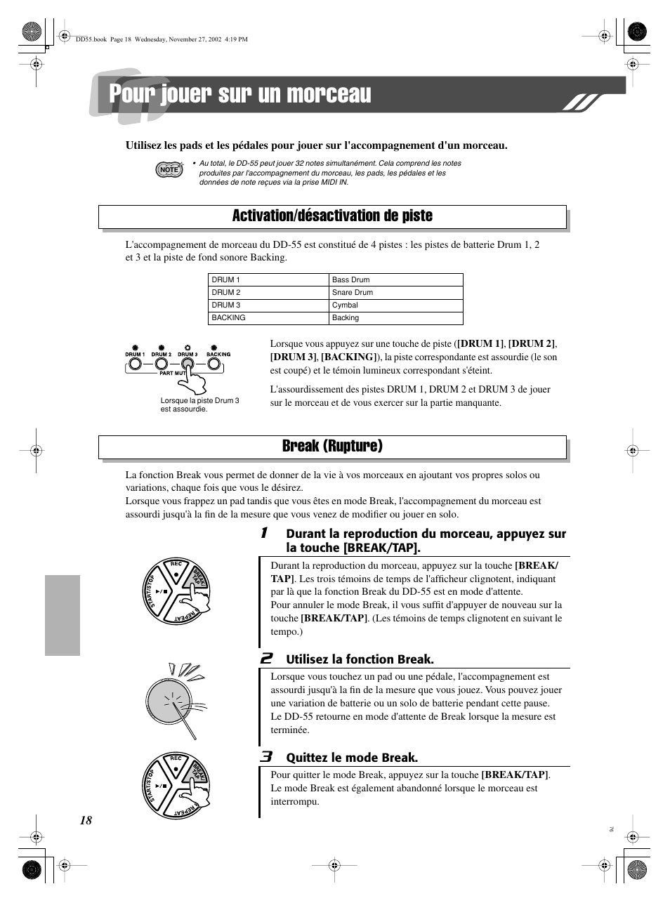 Pour jouer sur un morceau, Activation/désactivation de piste break (rupture) | Yamaha DRUM PW DD-55C User Manual | Page 18 / 46