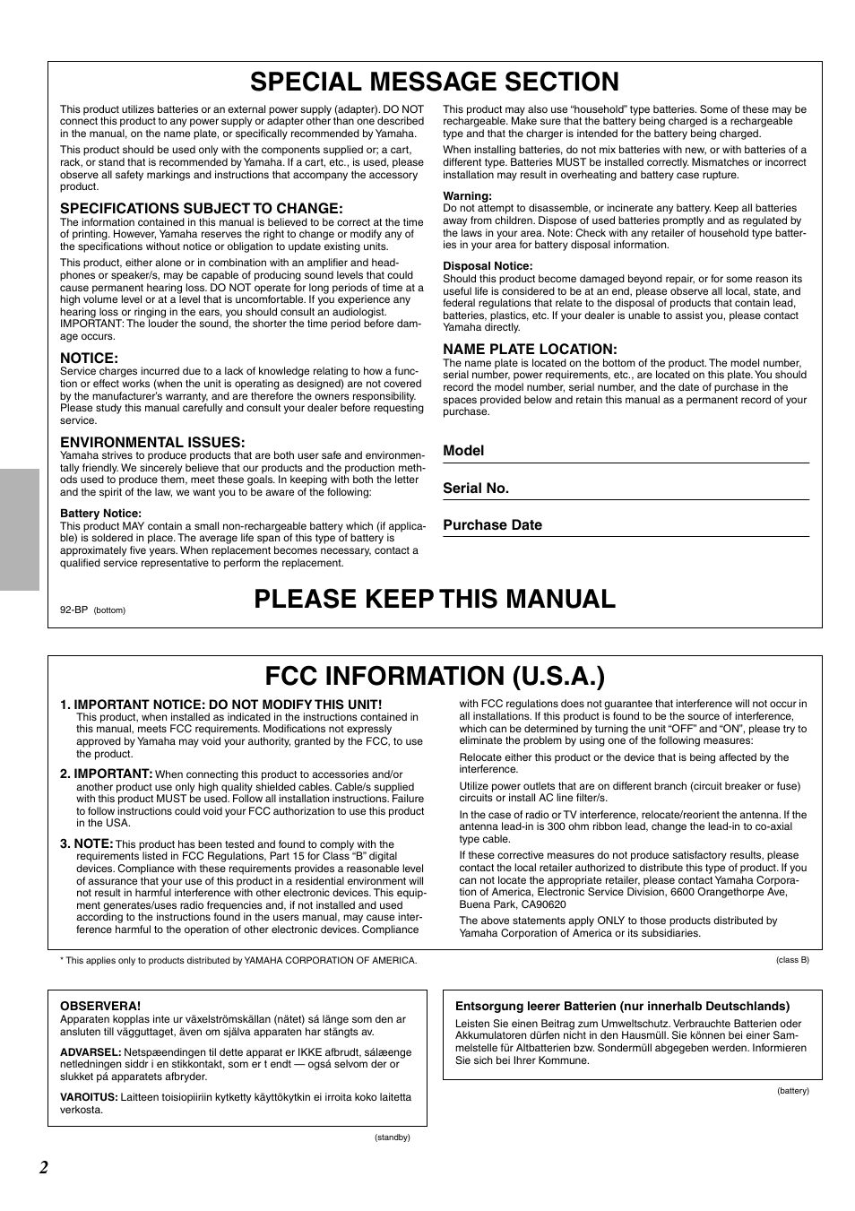 Please keep this manual, Fcc information (u.s.a.) | Yamaha DRUM PW DD-55C User Manual | Page 2 / 46